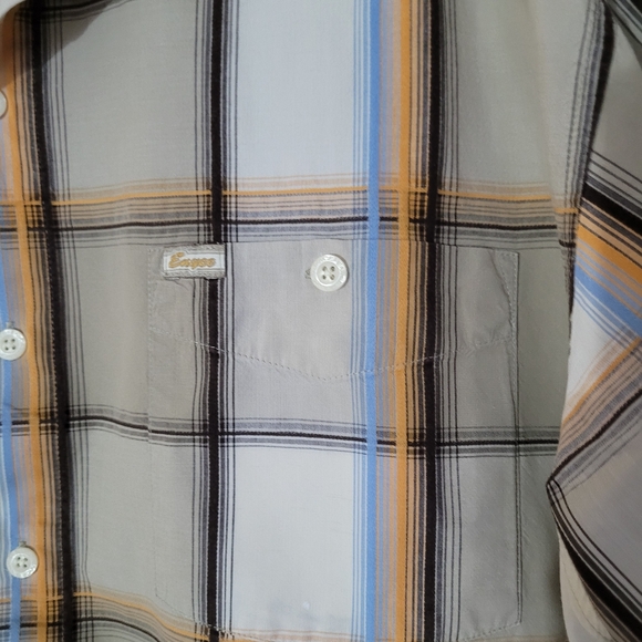 Men's Enyce Size Medium Short Sleeve Button-down Plaid Shirt Tan w/Gold & Blue - Picture 4 of 13
